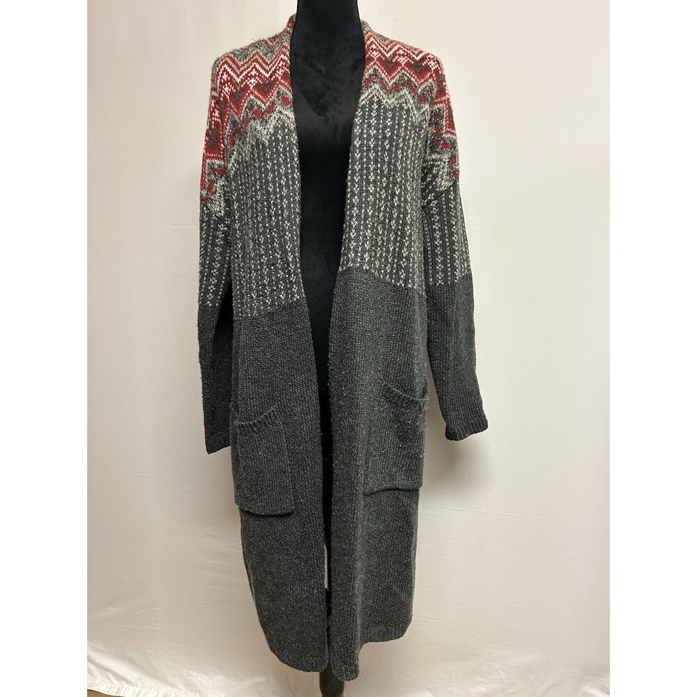 J Jill Womens Sz M Long Cardigan Sweater Coat Topper Open Front FairIsle